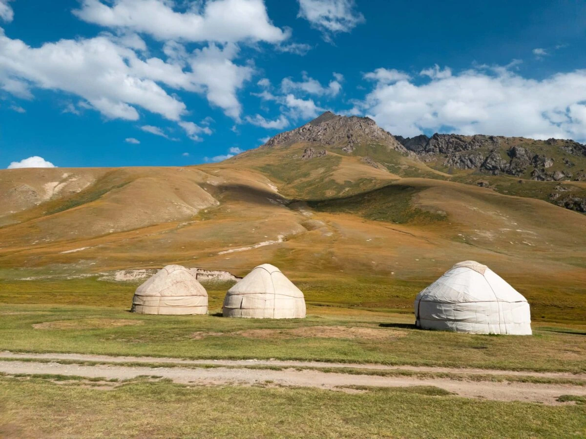 Traditional nomadic yurts with mountain backdrop in Kyrgyzstan