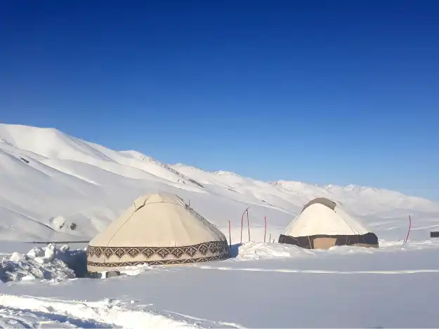 Winter yurt camp in Suusamyr Kyrgyzstan