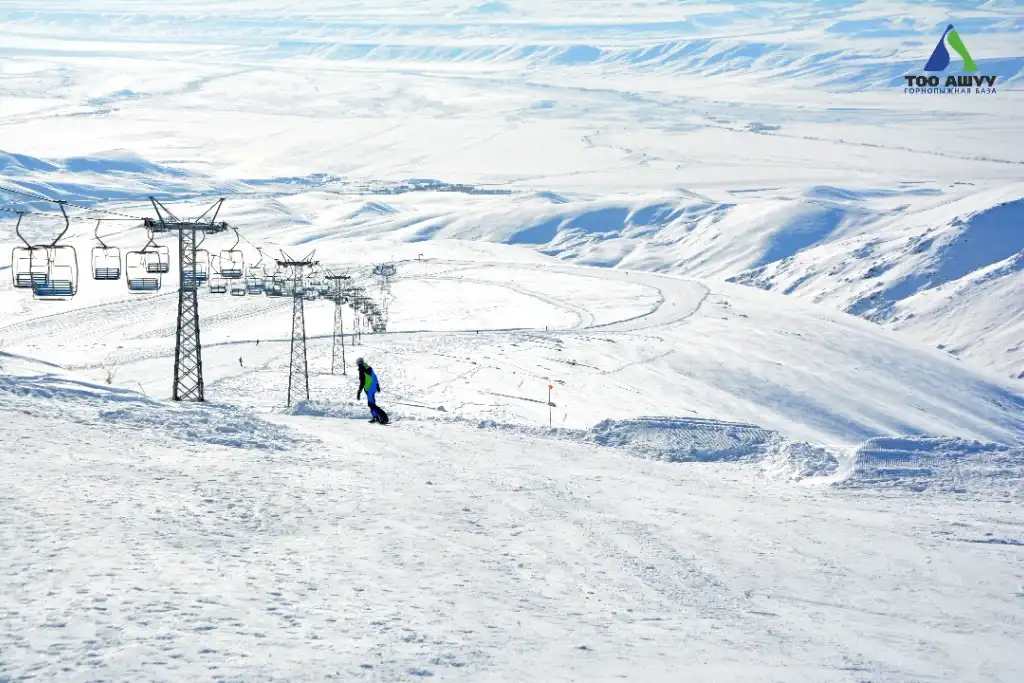 Skiers descending in the Suusamyr valley near Too-Ashuu, Kyrgyzstan